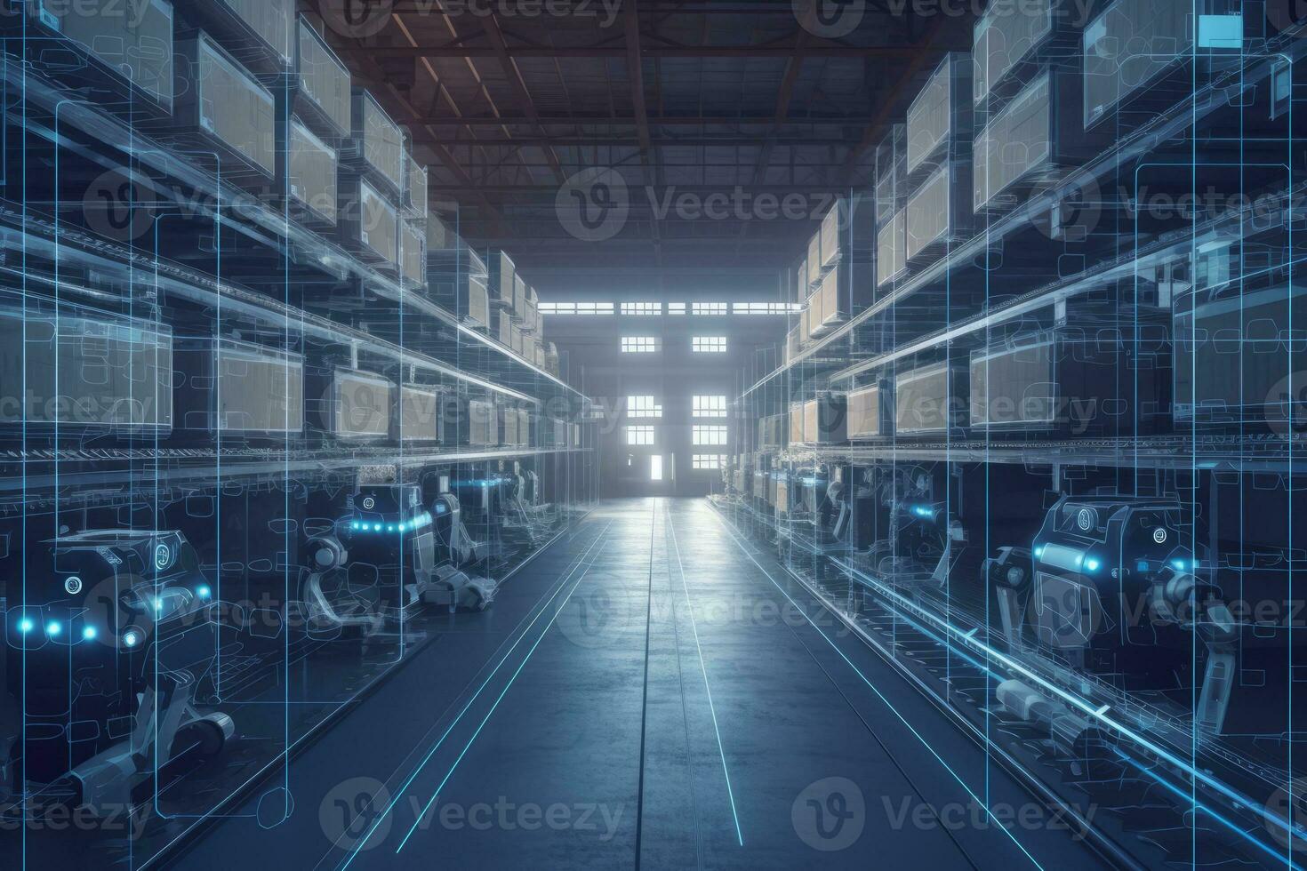 Machine learning and bot technology that boost speed up logistical tasks and activities. Autonomous robot services use for move boxes to warehouse. Concept future logistic activities. Generative AI. photo