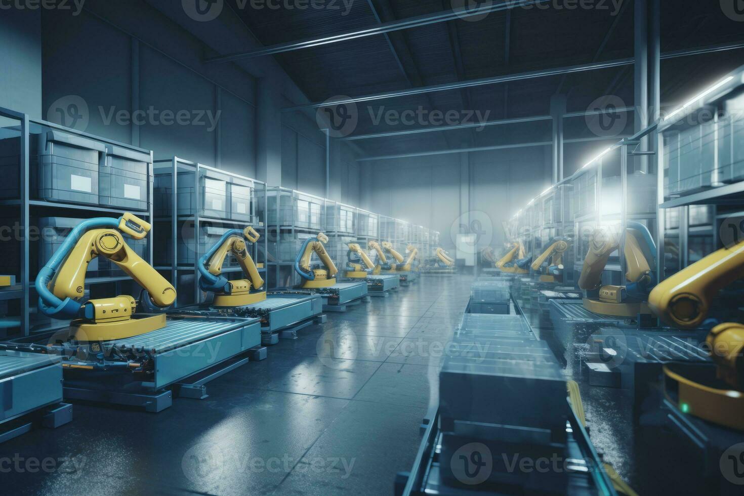Machine learning and bot technology that boost speed up logistical tasks and activities. Autonomous robot services use for move boxes to warehouse. Concept future logistic activities. Generative AI. photo