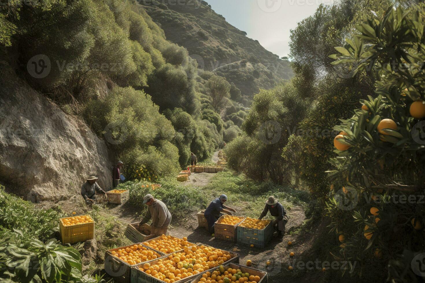 Orange and lemon picking along a mountainside road, workers filling crates with fruit fallen onto tarpaulins under trees heavy. The verdant groves are punctuated with rocky cliffs. Generative AI photo