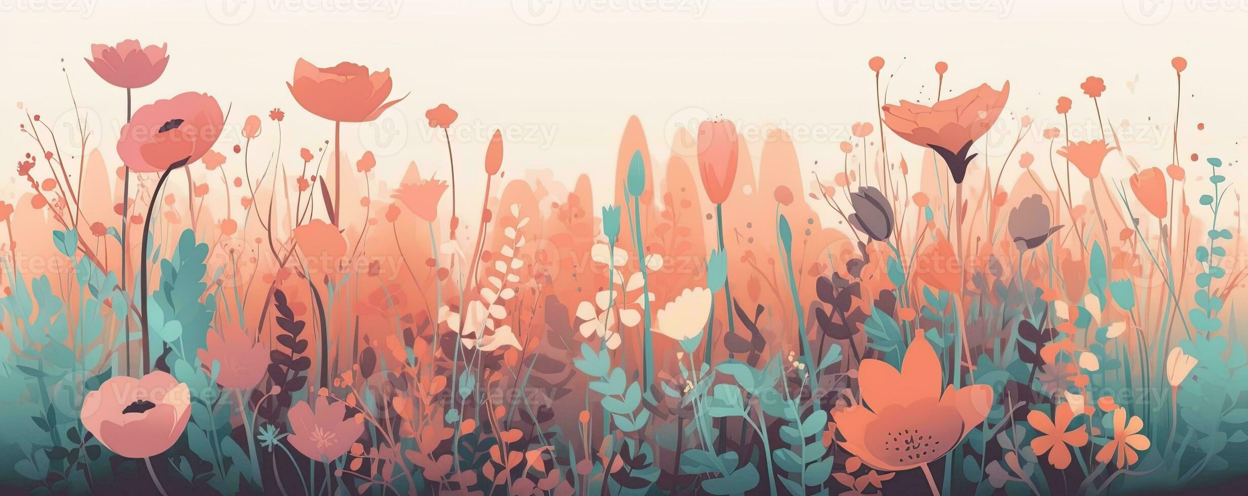 Abstract Pastel colors, Naive style Illustration of flower meadow .Concept illustration banner. Generative AI. photo