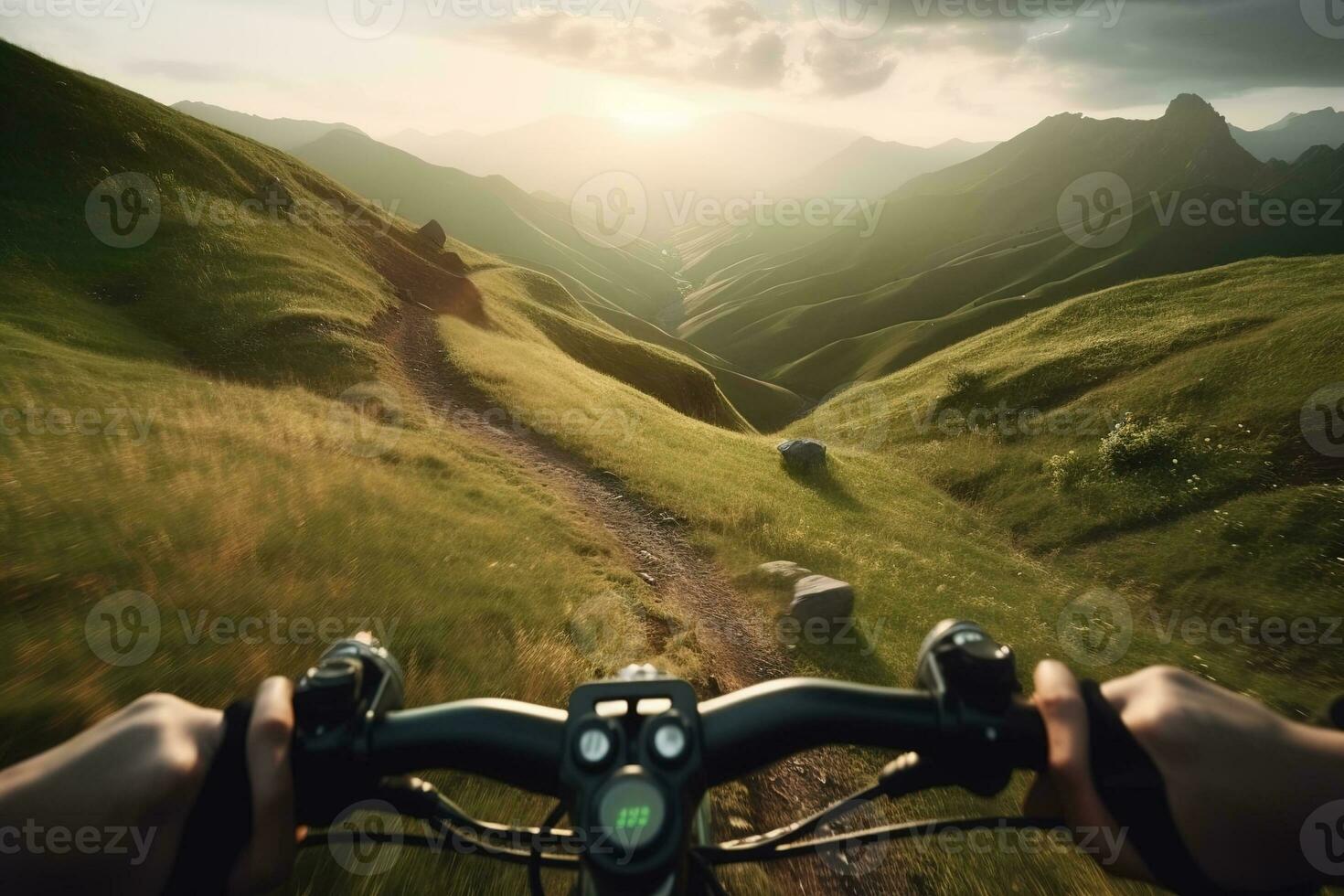 Personal perspective on the handlebars as you pedal towards the top of a hill. Generative AI photo