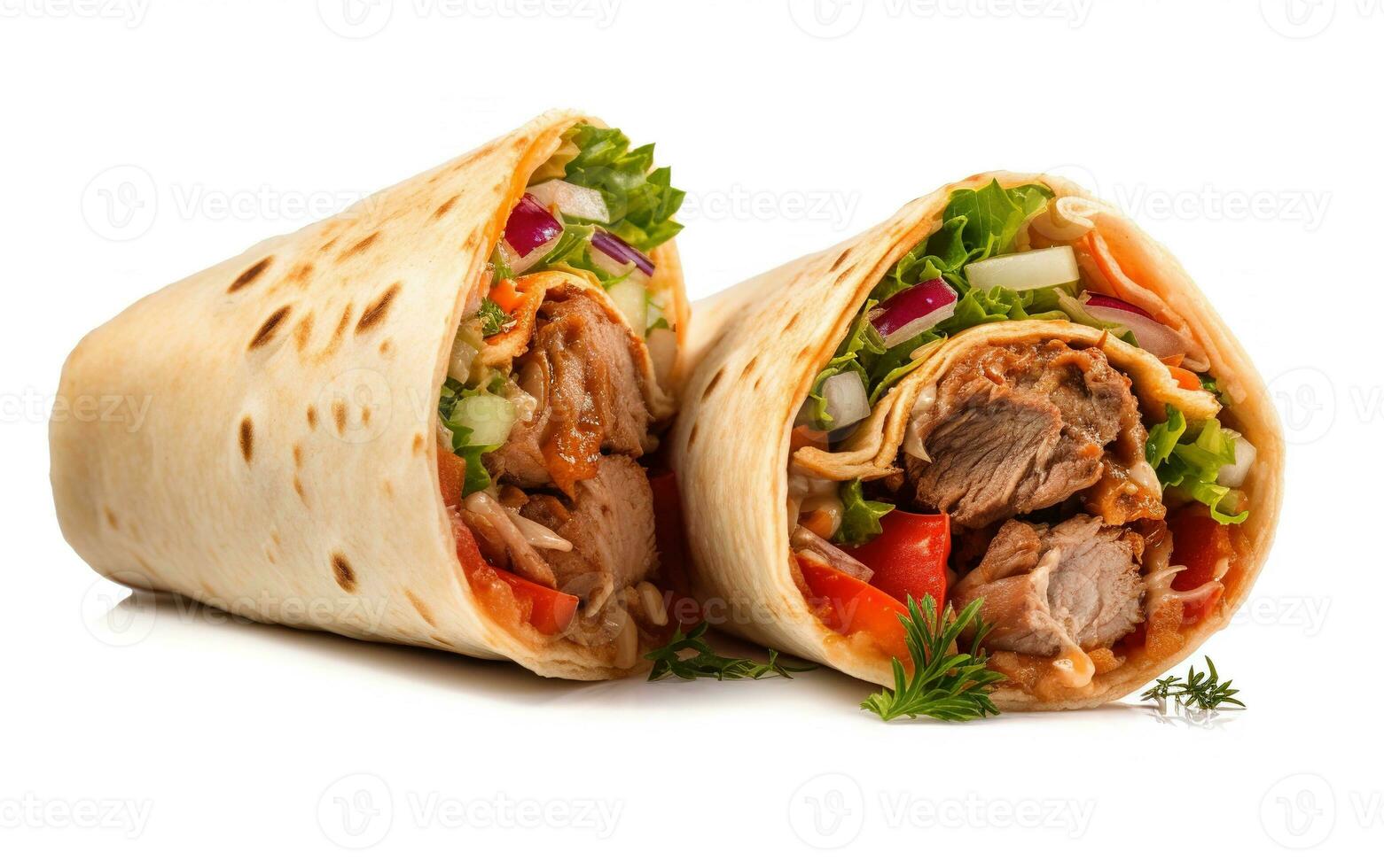 Doner kebab rolls , a shawarma in a pit of fresh vegetables and meat. Concept menus and advertisement. Generative AI photo