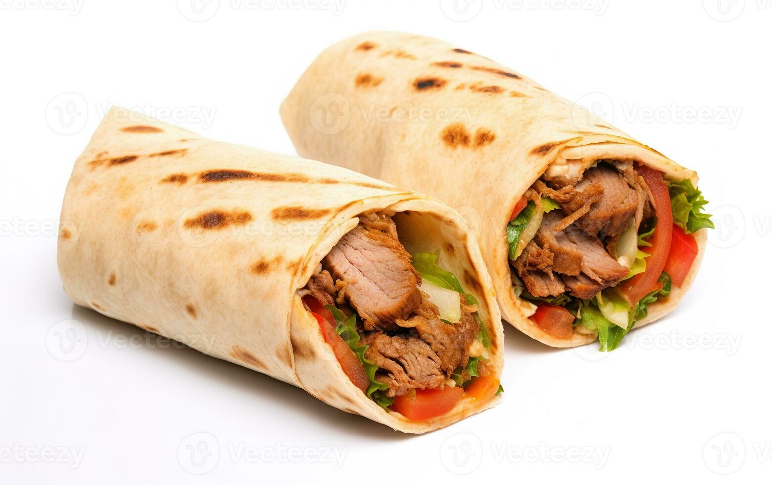 Doner kebab rolls , a shawarma in a pit of fresh vegetables and meat. Concept menus and advertisement. Generative AI photo