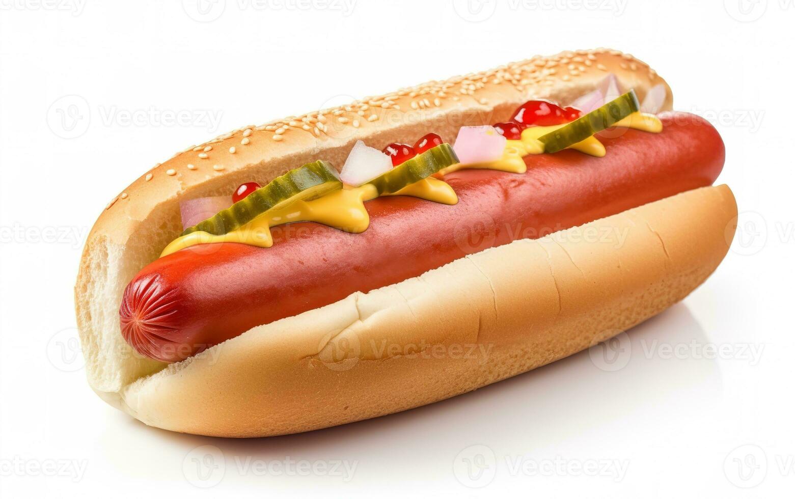 Barbecue grilled hot dog with sausage and yellow mustard with ketchup. Generative AI photo