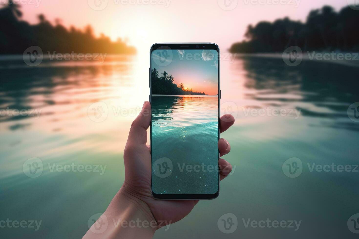 Picture of mans hand holding smartphone with beautiful picture on screen. Tropical beach with palms white sand and turquose water. Generative AI photo