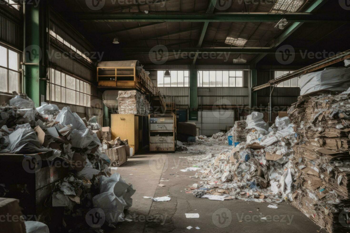 Piles of recycled materials paper, plastic, glass and metal awaiting processing into new eco-friendly products. A reminder of the importance of reducing waste and reusing resources. Generative AI photo