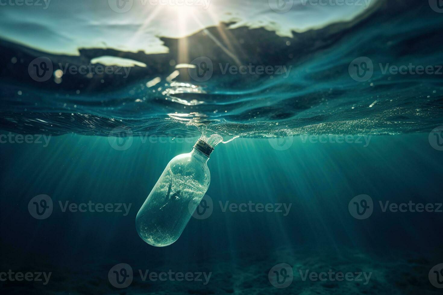 Plastic bottles and plastic bags floating in ocean. Ocean pollution ecology concept. Generative AI. photo
