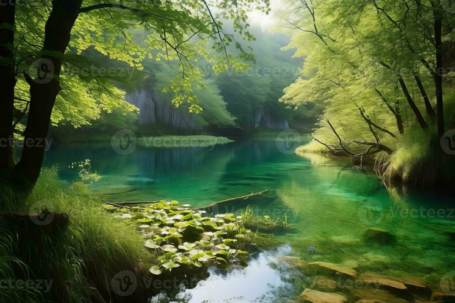 Majestic view of lakes walking on wooden walkway across Plitvice national park Lakes Croatia. Generative AI photo