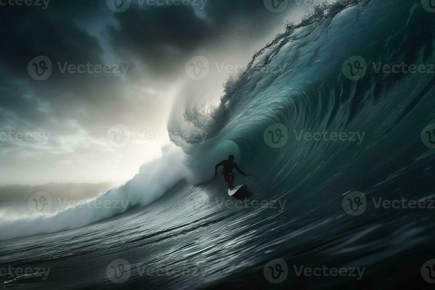 Professional surf boarder riding epic big tube wave. Generative AI. photo