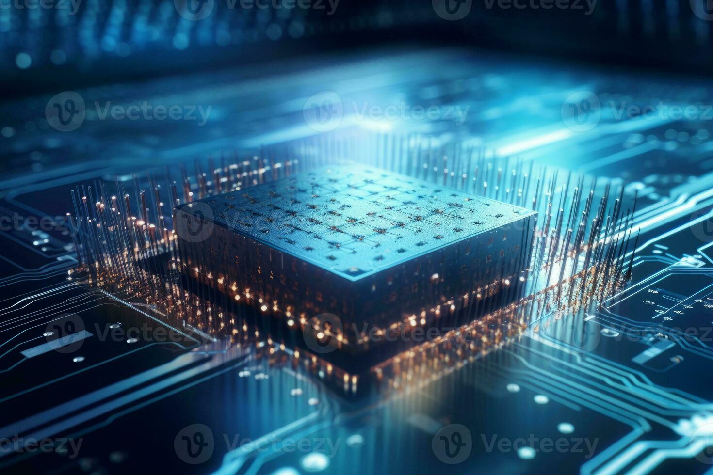 Quantum computer of glowing qubits. Abstract Concept supercomputers. Generative Ai photo