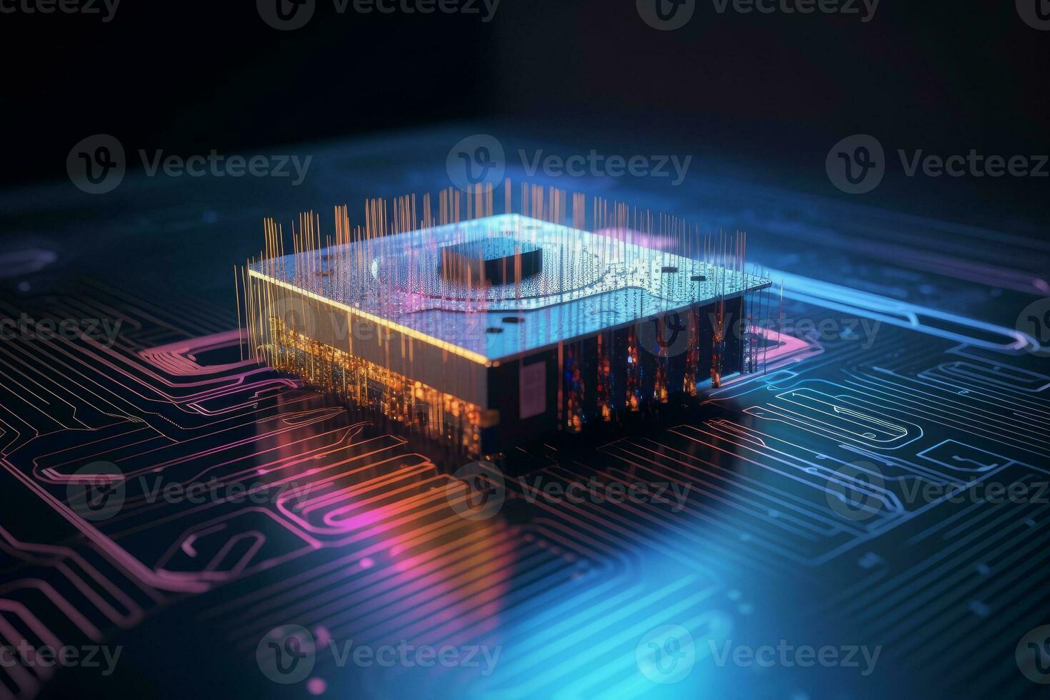 Quantum computer of glowing qubits. Abstract Concept supercomputers. Generative Ai photo