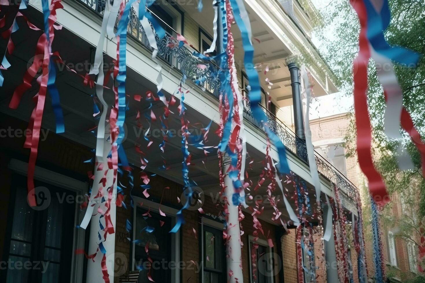 rojo, blanco y azul pancartas colgar desde porches, ondulación en el brisa me gusta vistoso banderas estrella conformado papel picado y serpentinas línea el calles, rociado desde arboles y tejados. generativo ai foto