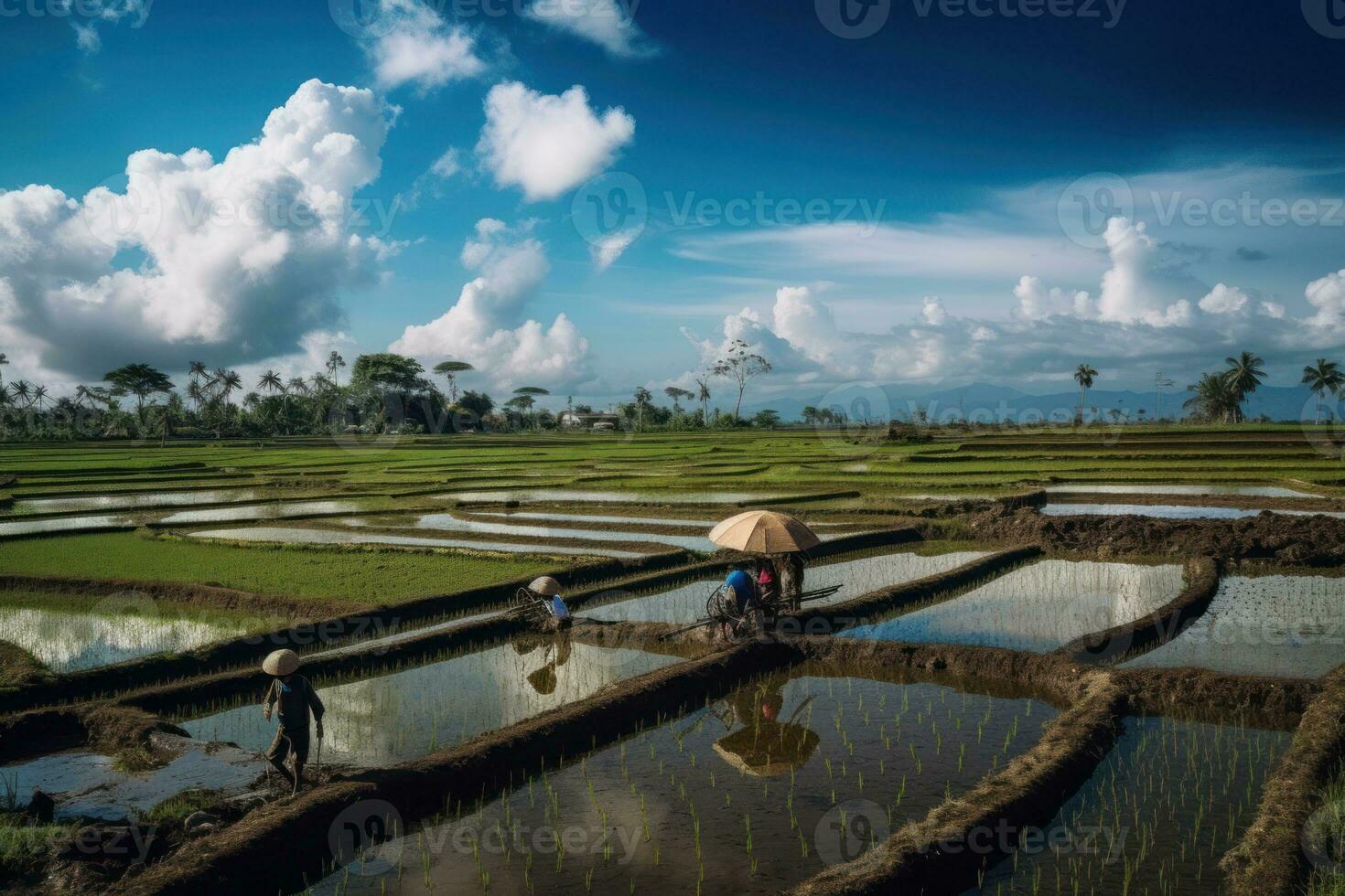 Rice paddies extending to the horizon under a brilliant blue sky. Local farmers in traditional attire transplanting seedlings under the hot sun. Generative AI photo