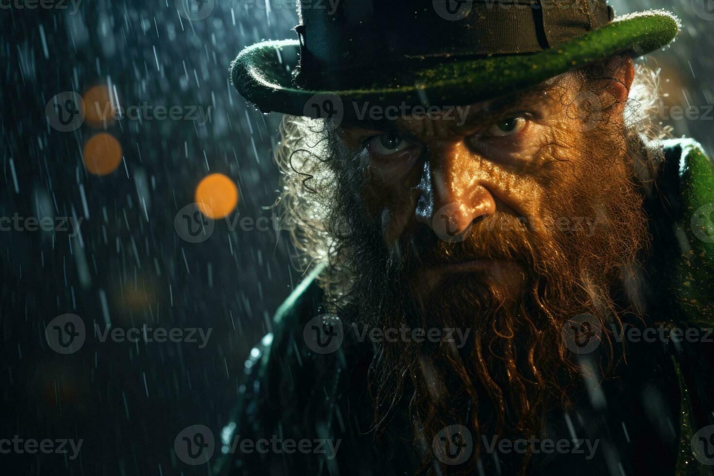 Angry leprechaun at night in the rain. AI-Generated photo