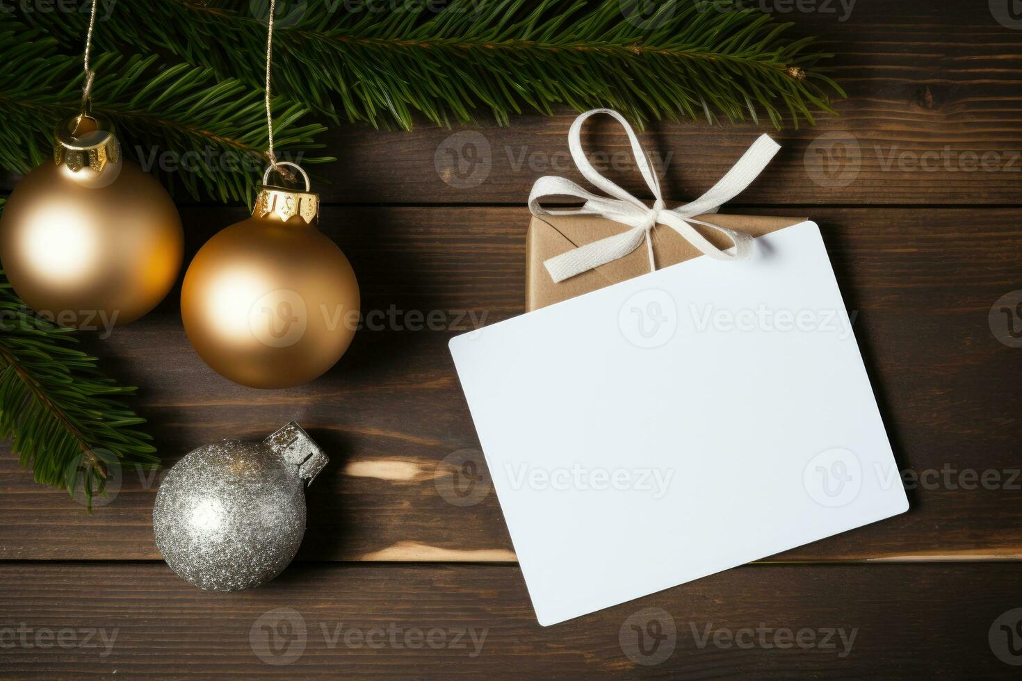 Mock-up of a white tag card with Christmas tree toys and cones on a wooden background. AI Generated photo