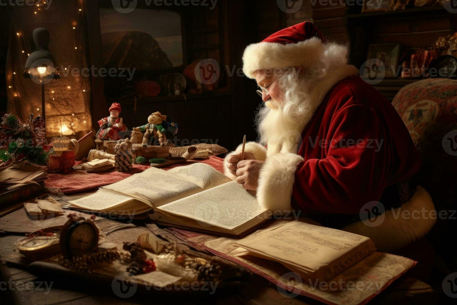 Santa reading heartfelt thank you letters from children all over the world, a tear of joy rolling down his round cheek. Generative AI photo