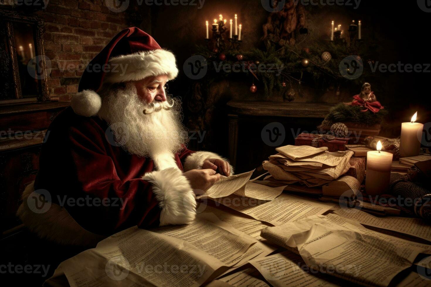 Santa reading heartfelt thank you letters from children all over the world, a tear of joy rolling down his round cheek. Generative AI photo