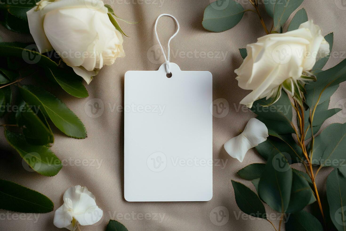 A mock-up of an empty tag on a rope lies with roses on a table on a cloth. AI Generated photo