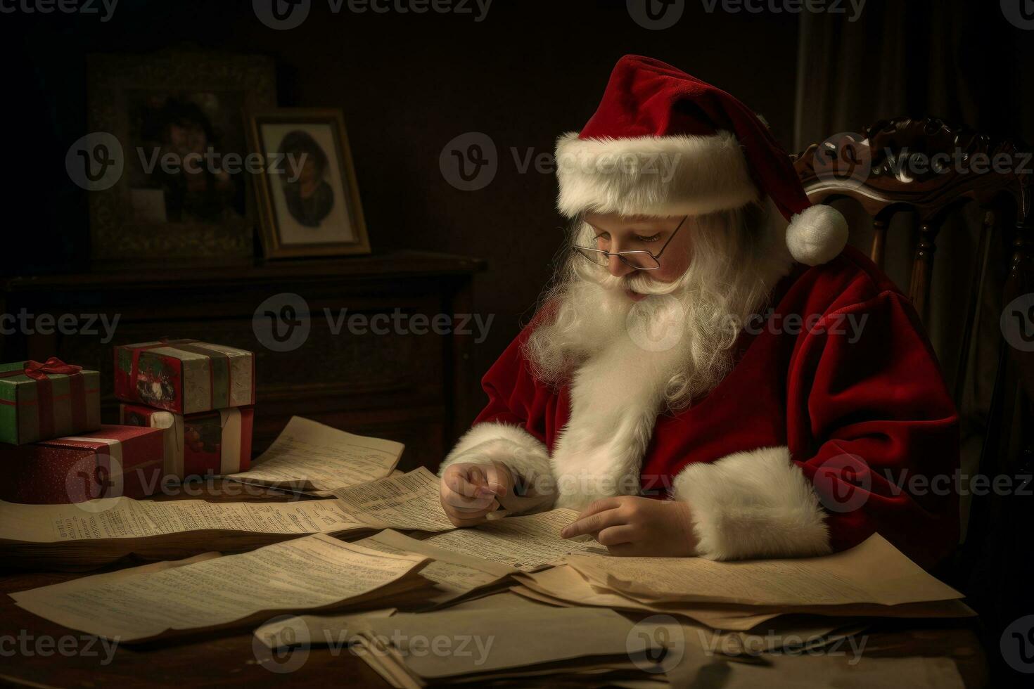 Santa reading heartfelt thank you letters from children all over the world, a tear of joy rolling down his round cheek. Generative AI photo