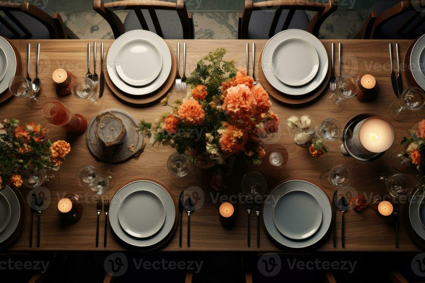 Dining table setting top view. AI-Generated photo