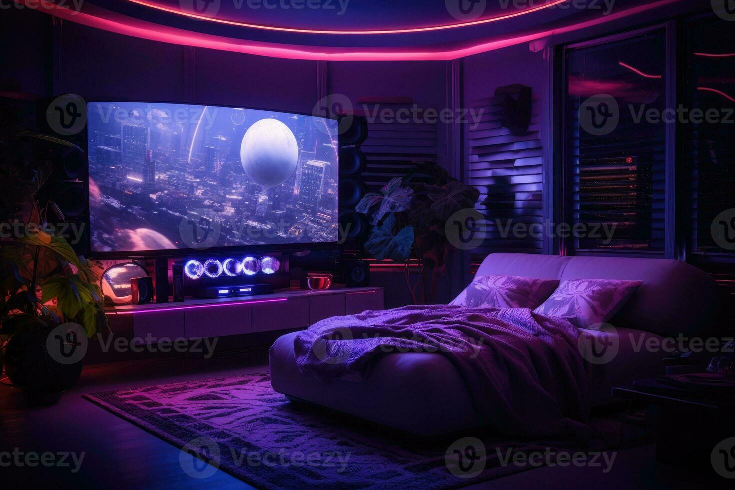 The interior of a bedroom with a bed with blue and pink neon lighting.. AI Generated photo