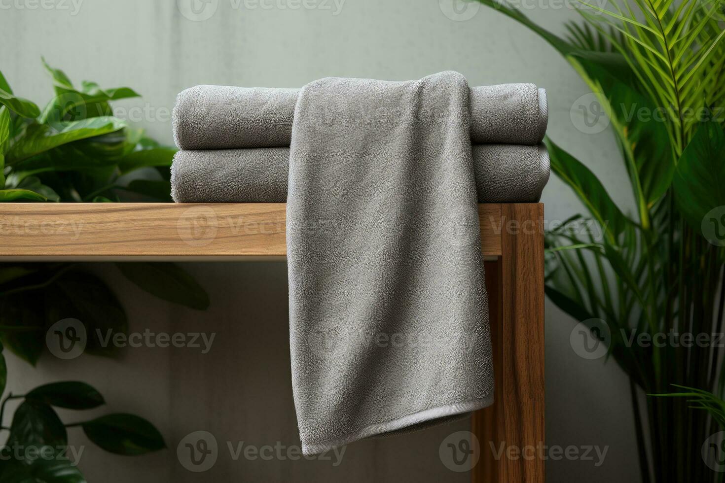 A set of gray bath terry towels is on the shelf. AI generated photo