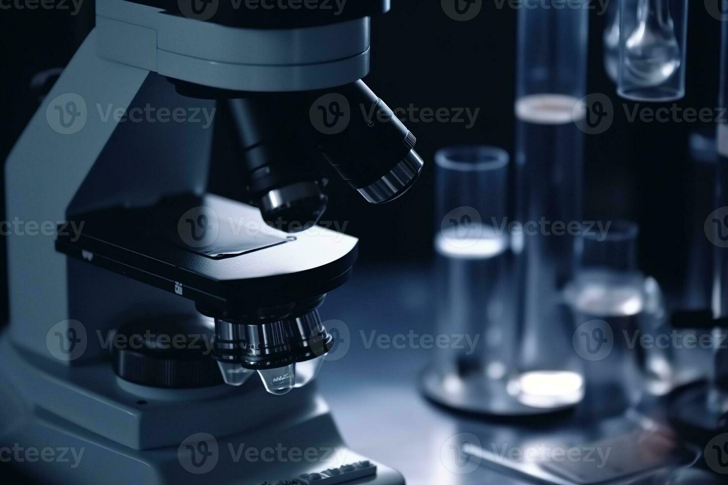 Microscope with test tubes. Science laboratory research and development concept. Generative AI photo