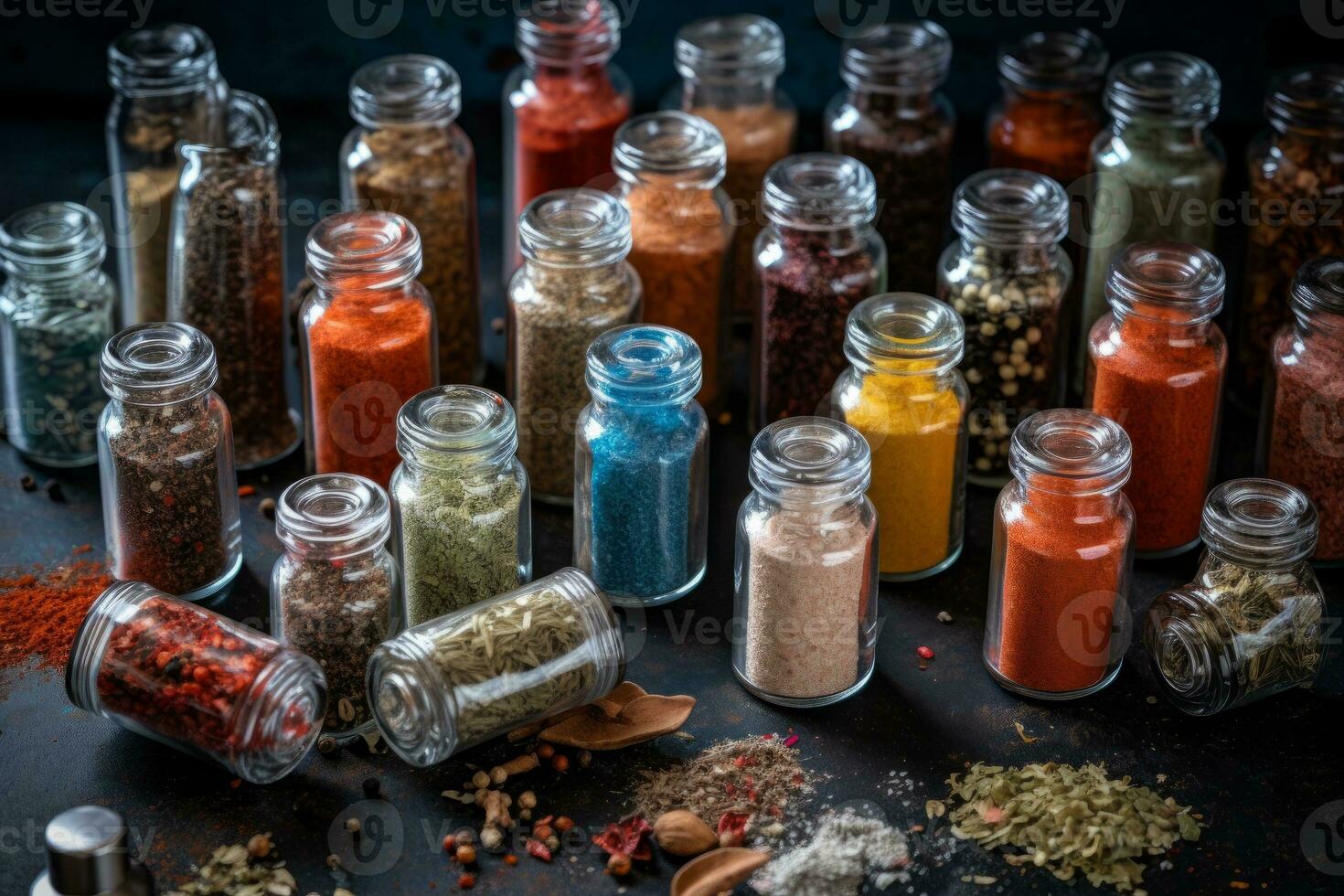 Seasoning shakers filled with every possible dried and ground herb, spice, chili and pepper, with some contents spilling out onto the table. Generative AI photo