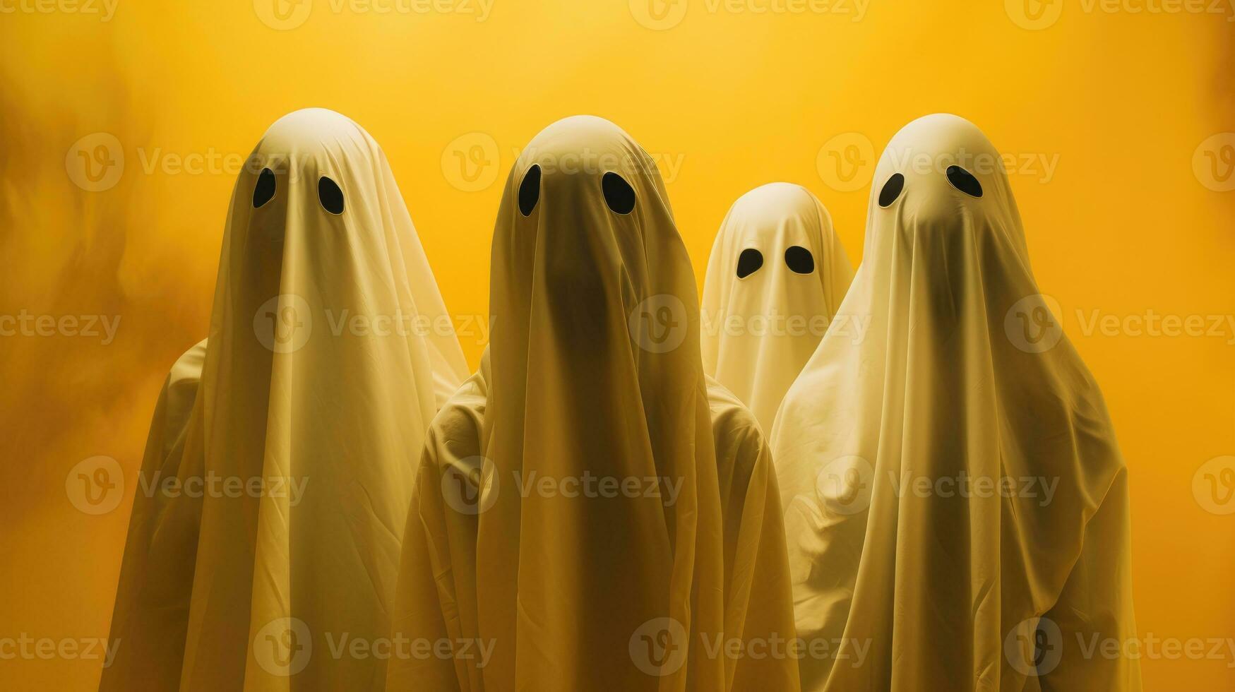Ghosts under yellow sheets in the fog. AI Generated photo