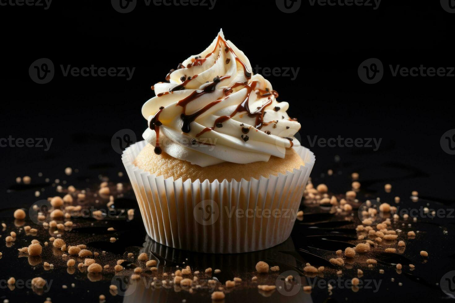 Vanilla cupcake with cream and chocolate chips. AI generated photo