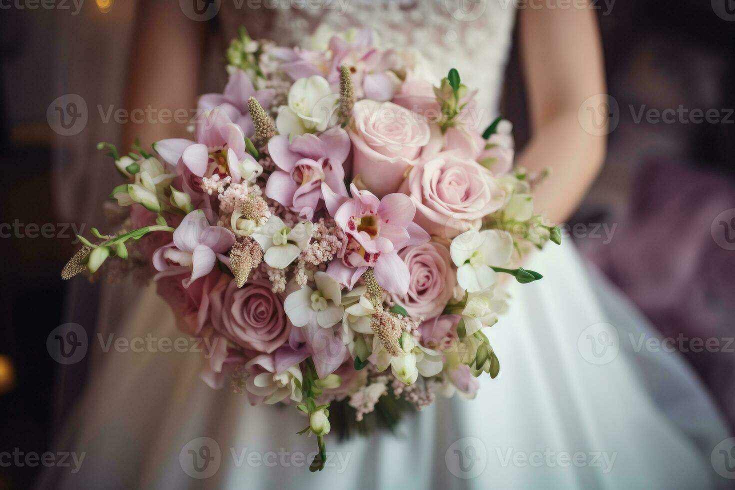 Wedding bouquet in the hands of the bride. AI Generated photo