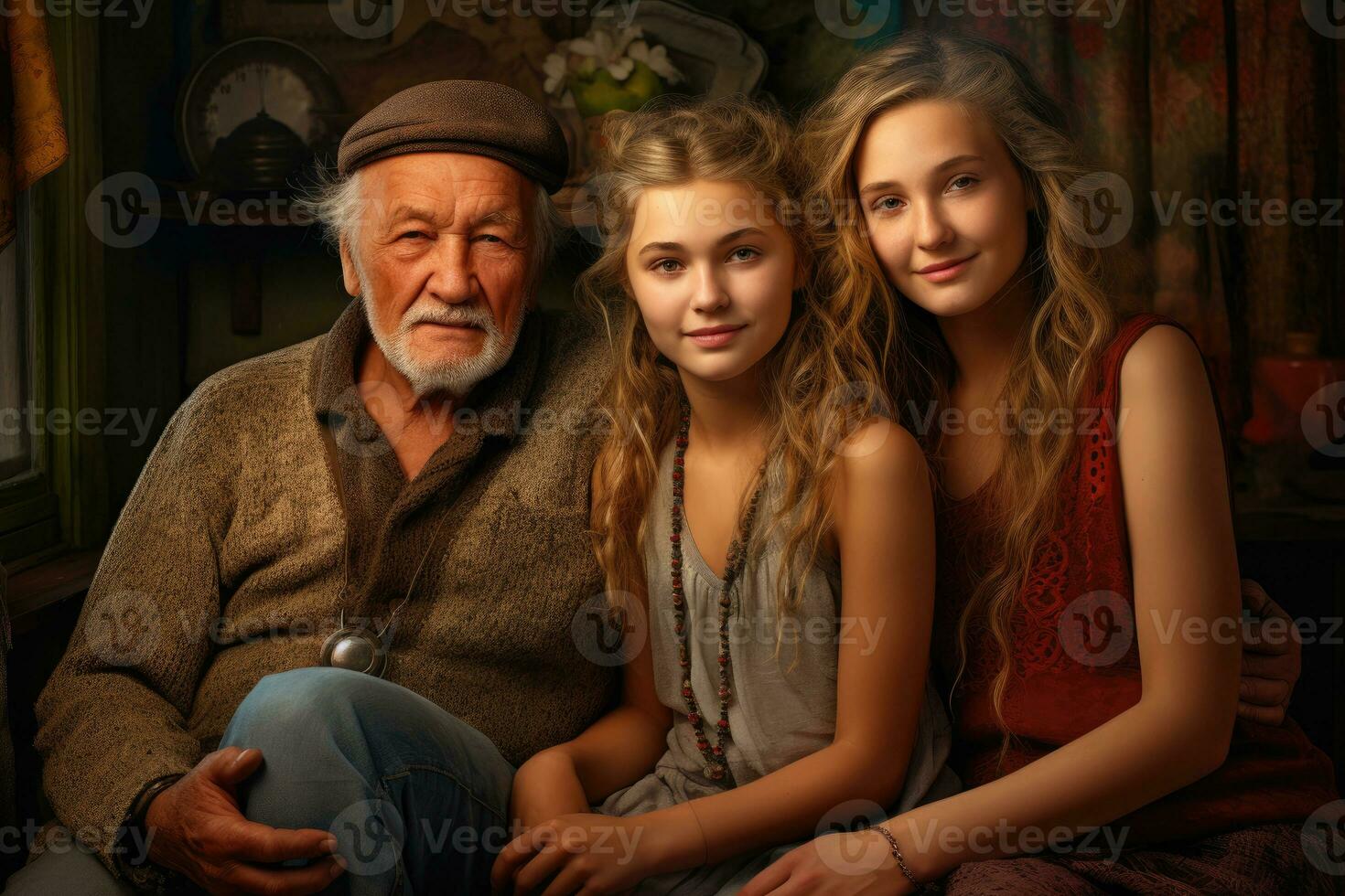 Portrait of a young girl with her grandparents. AI Generated photo
