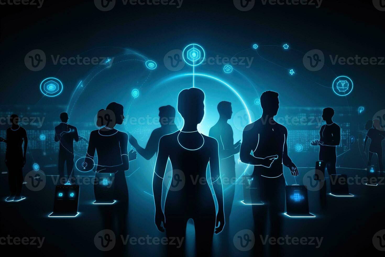 Silhouettes of smartphones, smartwatches and other connected devices merging with human figures. Augmented reality, virtual worlds and Neuralink interfaces. The phygital future is now. Generative AI photo