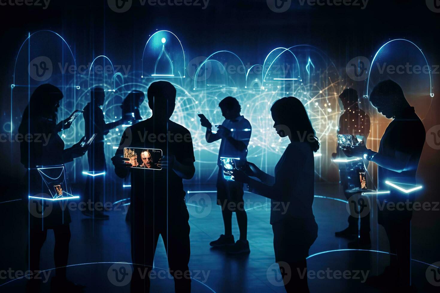 Silhouettes of smartphones, smartwatches and other connected devices merging with human figures. Augmented reality, virtual worlds and Neuralink interfaces. The phygital future is now. Generative AI photo