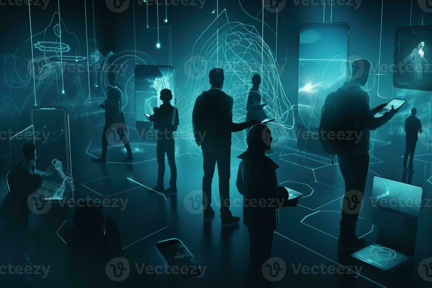 Silhouettes of smartphones, smartwatches and other connected devices merging with human figures. Augmented reality, virtual worlds and Neuralink interfaces. The phygital future is now. Generative AI photo