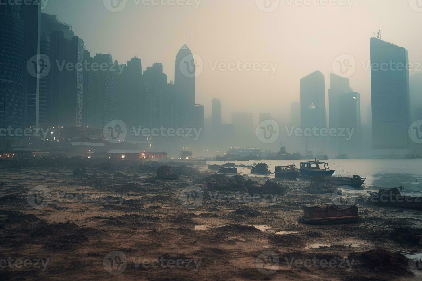 Skyscrapers of a massive coastal city, skylines blurred by layers of smog and pollution. Generative AI photo