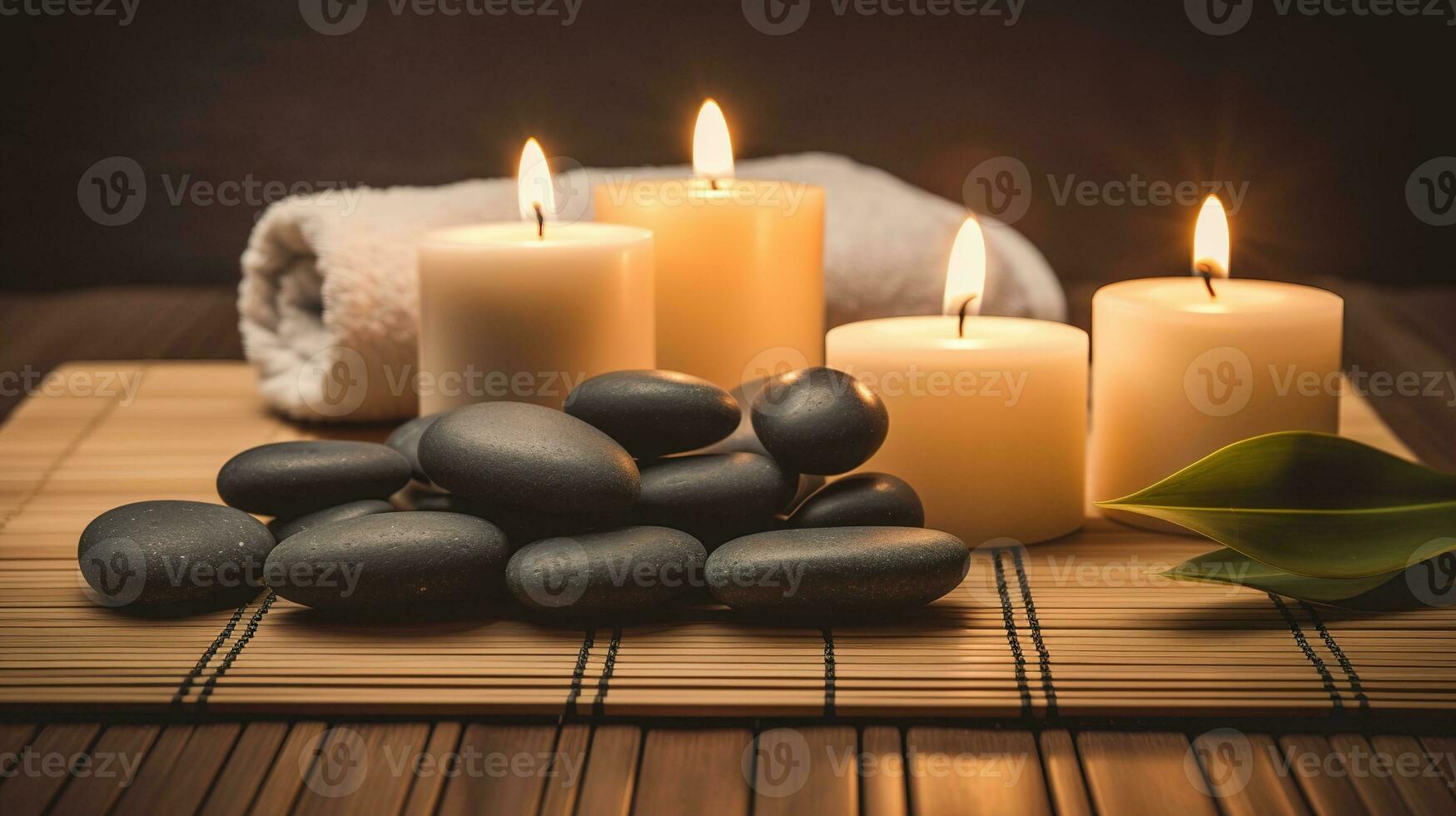 Spa Massage basalt stones with candles, lotus flowers, orchid flower and towels on bamboo mat. Generative AI. photo