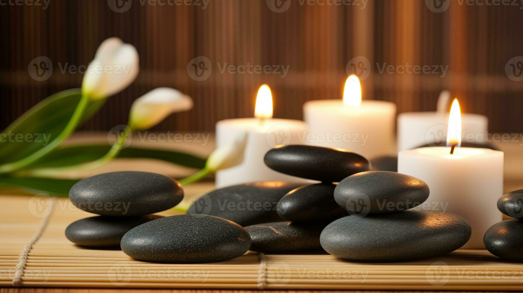 Spa Massage basalt stones with candles, lotus flowers, orchid flower and towels on bamboo mat. Generative AI. photo