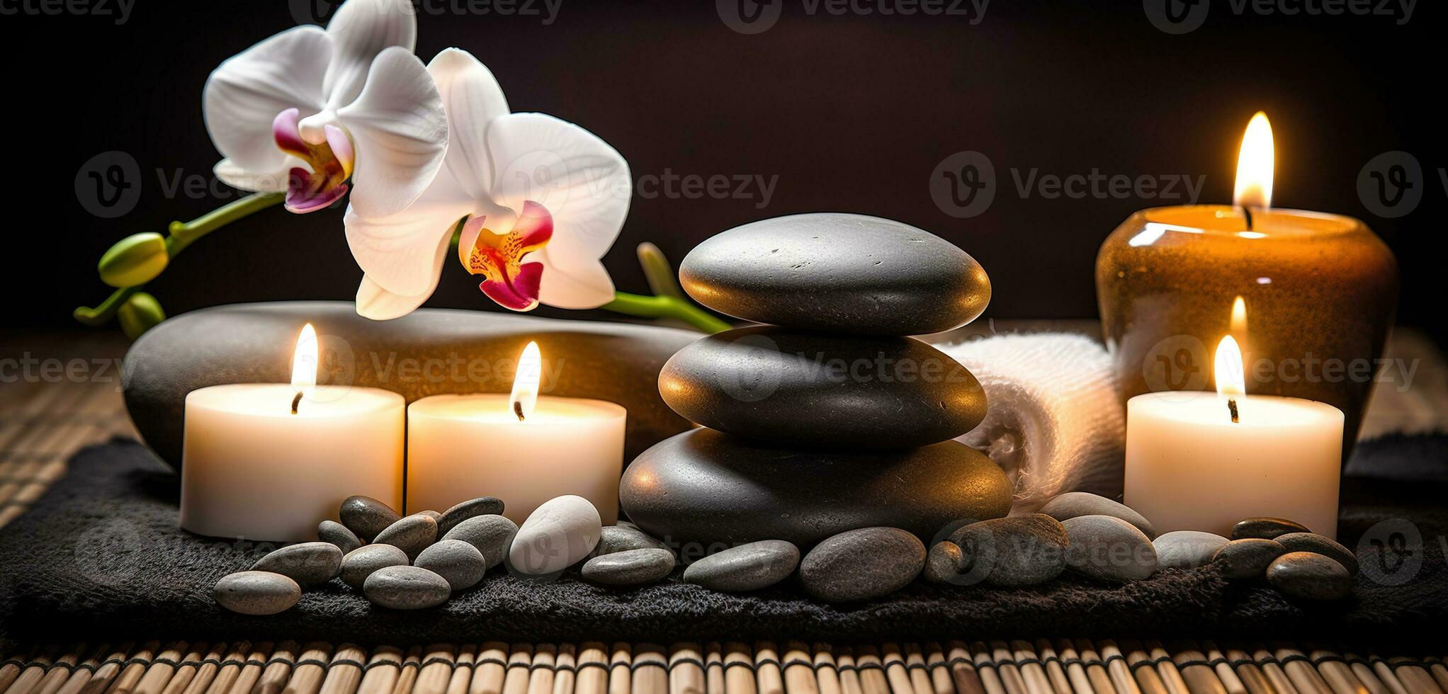 Spa Massage basalt stones with candles, lotus flowers, orchid flower and towels on bamboo mat. Generative AI. photo