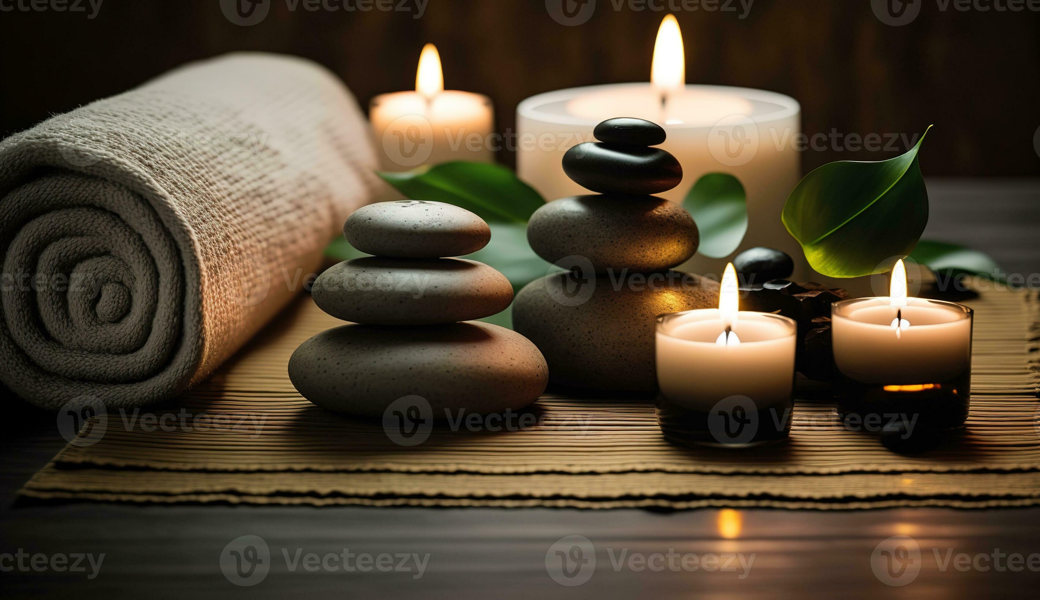 Spa Massage basalt stones with candles, lotus flowers, orchid