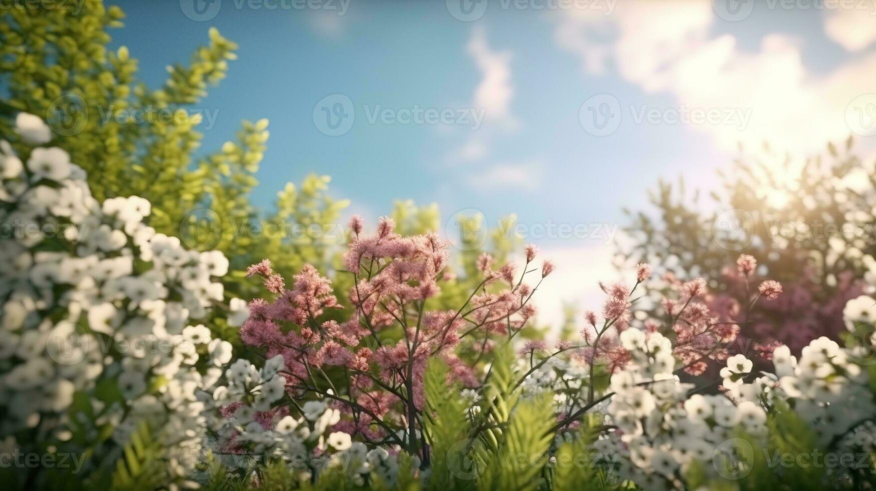 Beautiful spring blossoming tree on sky background. Generative AI. photo
