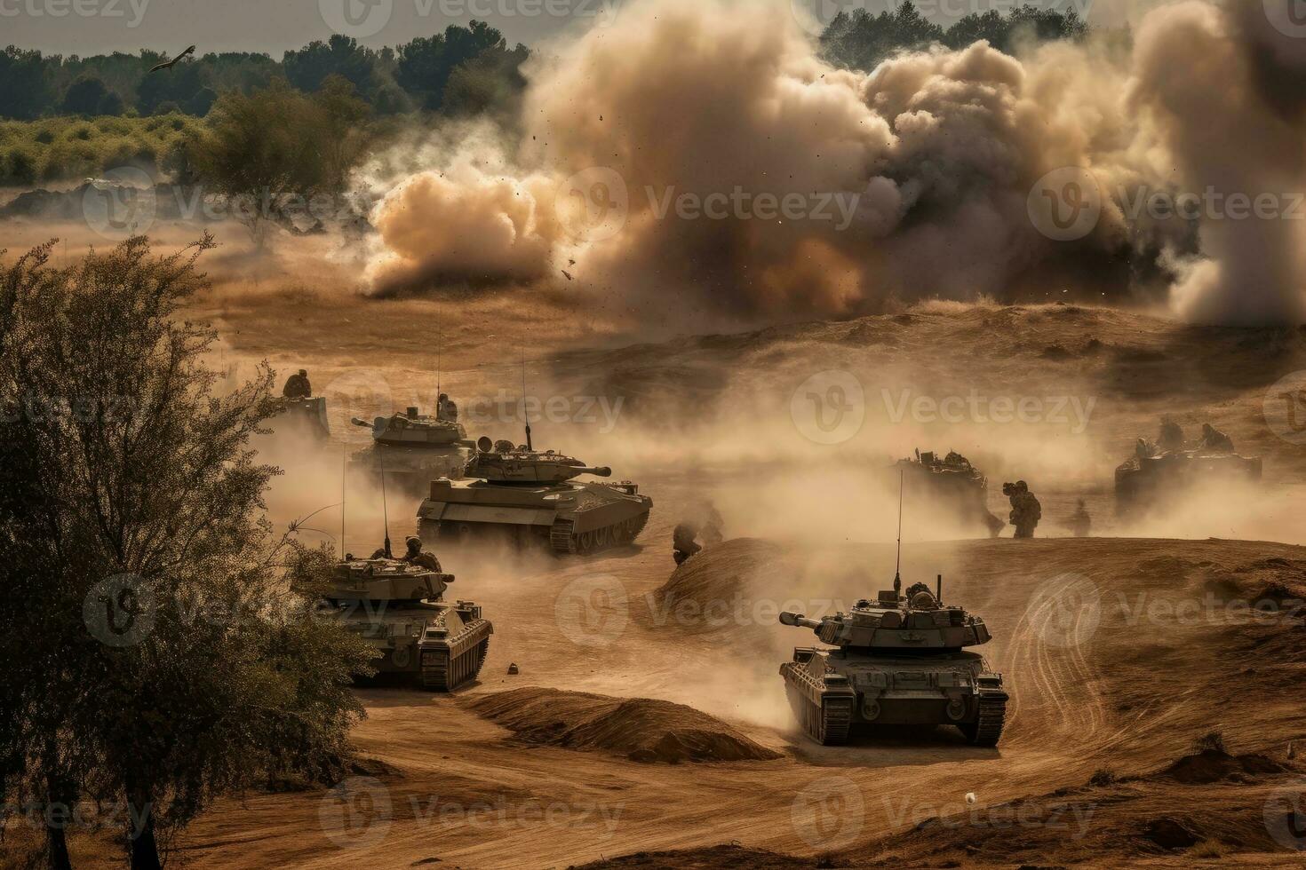 Tanks providing covering fire as infantry dismounts to assault an enemy strongpoint. Combined arms maneuver. Generative AI photo