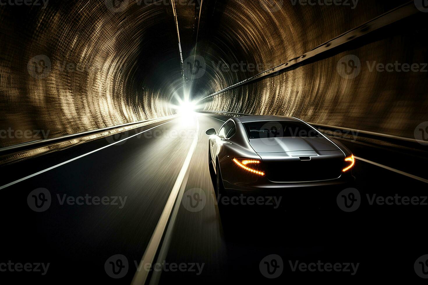 The sports car speeding through a tunnel, sun glinting off the sleek dark surface of the windshield Pushing the limits of speed and control with death-defying recklessness. Generative AI photo