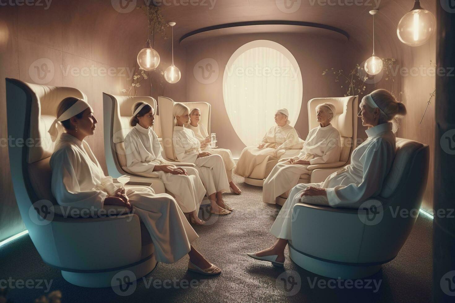 Women relaxing in a luxurious spa. The setting is serene with soft lighting, tranquil music, and plush seating. Dressed in fluffy robes and are receiving a variety of treatments. Generative AI photo