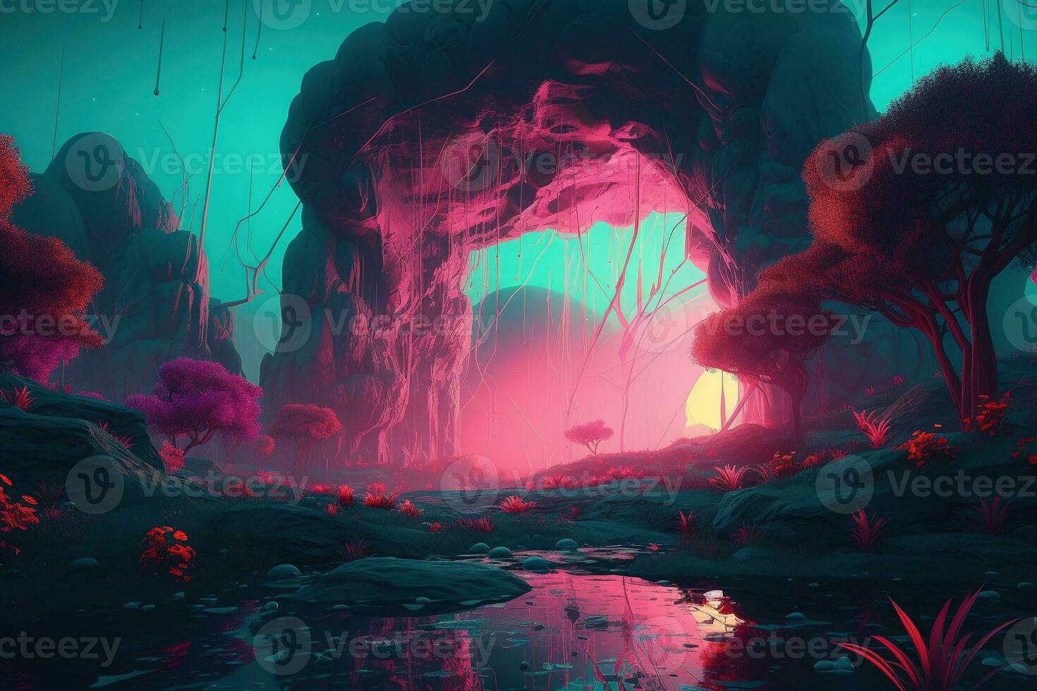 Surreal and imaginative dreamscape filled with fluorescent colors. The scene is otherworldly and fantastic, with colors blending together to create a mesmerizing effect. Generative AI photo