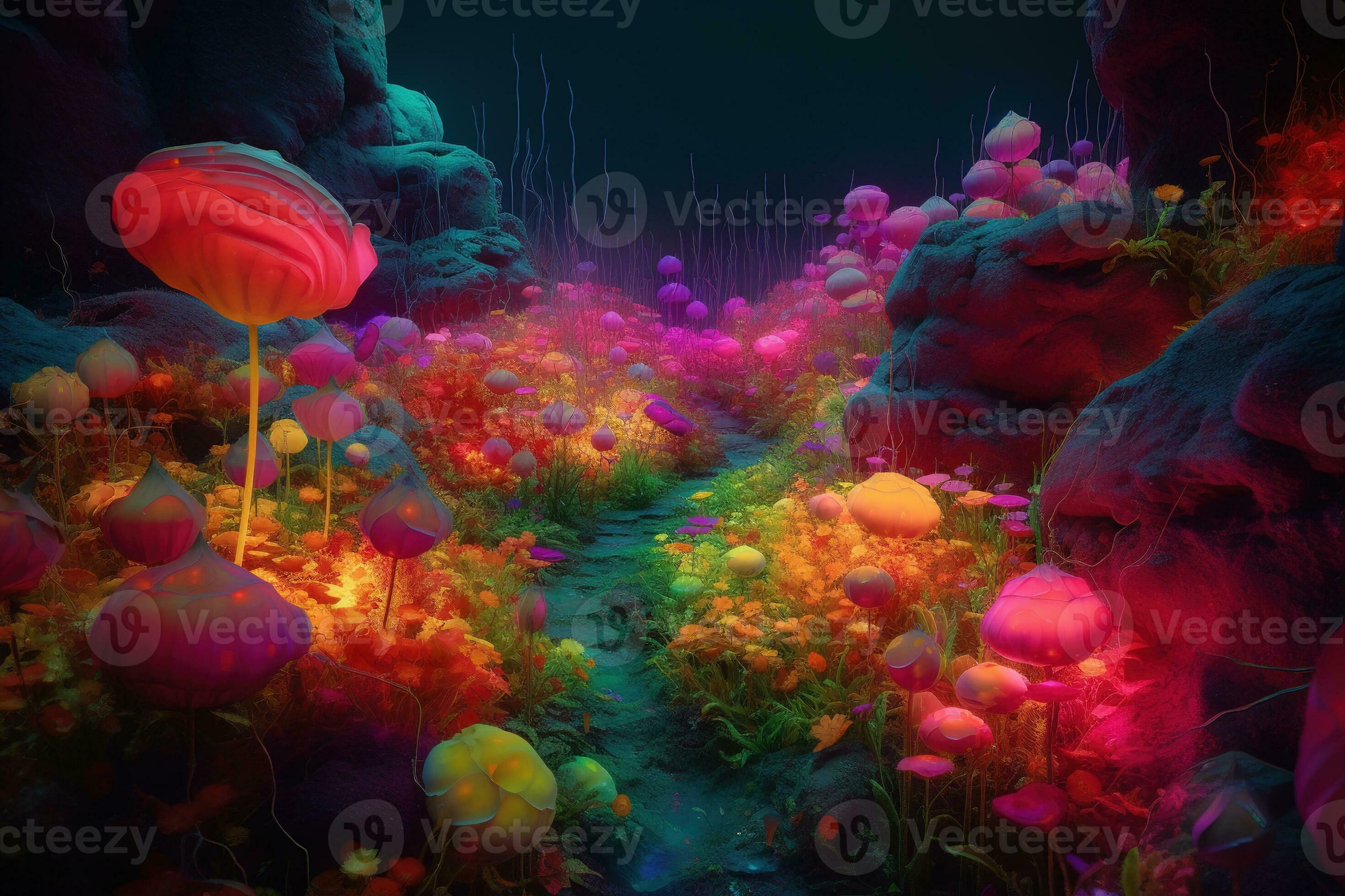 Surreal garden filled with fluorescent flowers and plants. The scene is