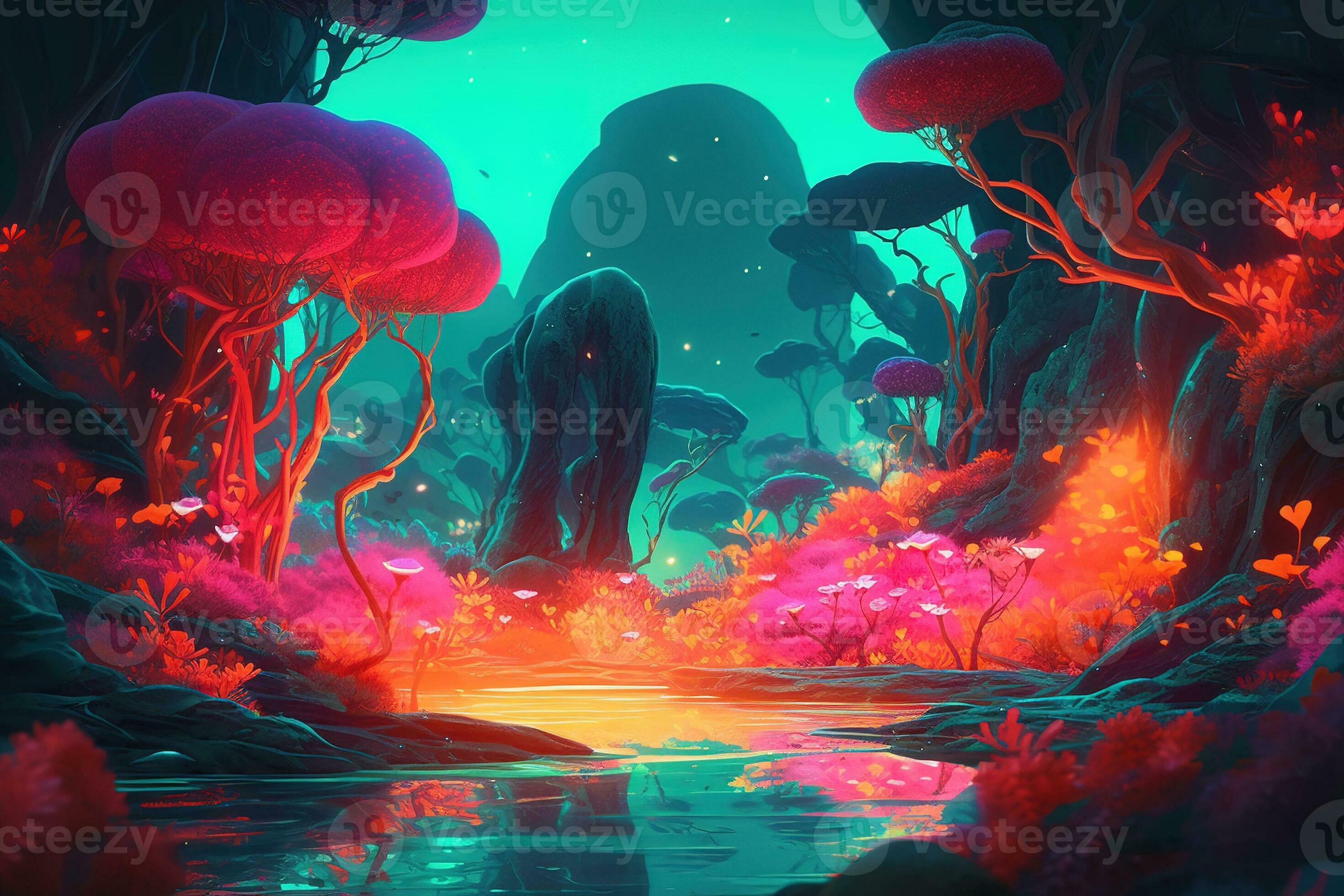 Surreal garden filled with fluorescent flowers and plants. The scene is