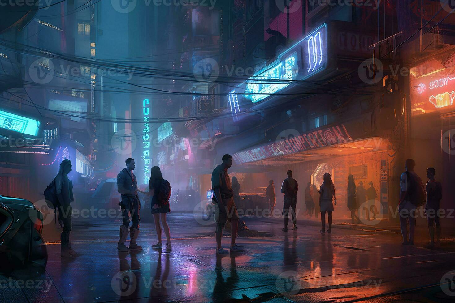 Illustration nightlife of a futuristic city, with fluorescent lights illuminating the streets. The scene is energetic and dynamic, with people dancing and socializing in clubs and bars. Generative AI photo