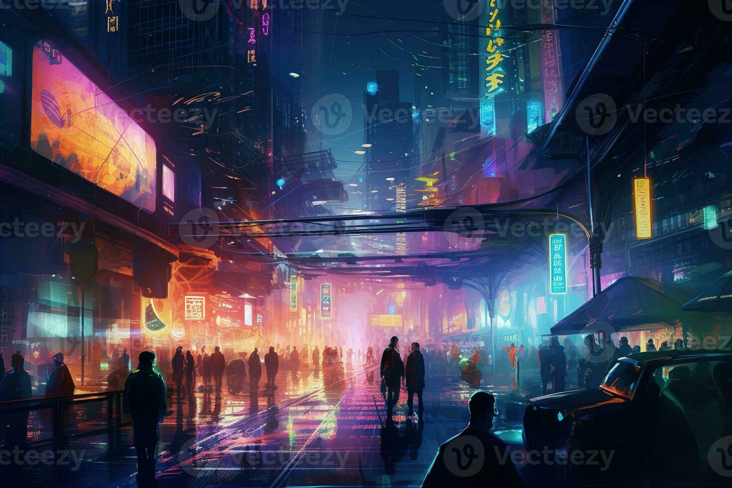 Illustration nightlife of a futuristic city, with fluorescent lights illuminating the streets. The scene is energetic and dynamic, with people dancing and socializing in clubs and bars. Generative AI photo