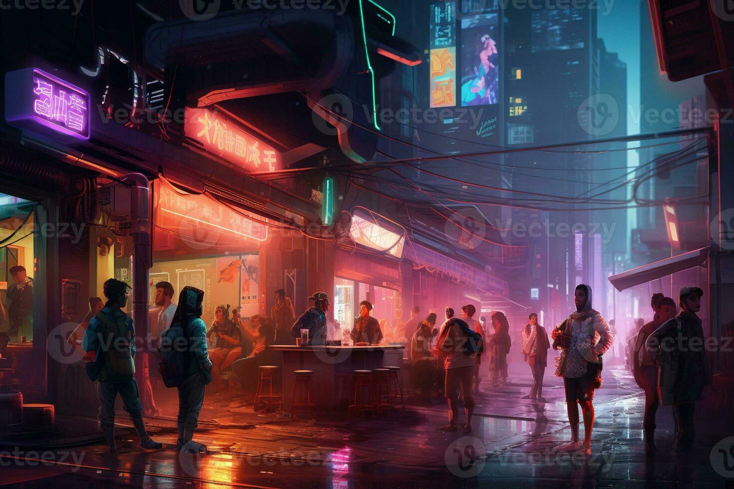 Illustration nightlife of a futuristic city, with fluorescent lights illuminating the streets. The scene is energetic and dynamic, with people dancing and socializing in clubs and bars. Generative AI photo